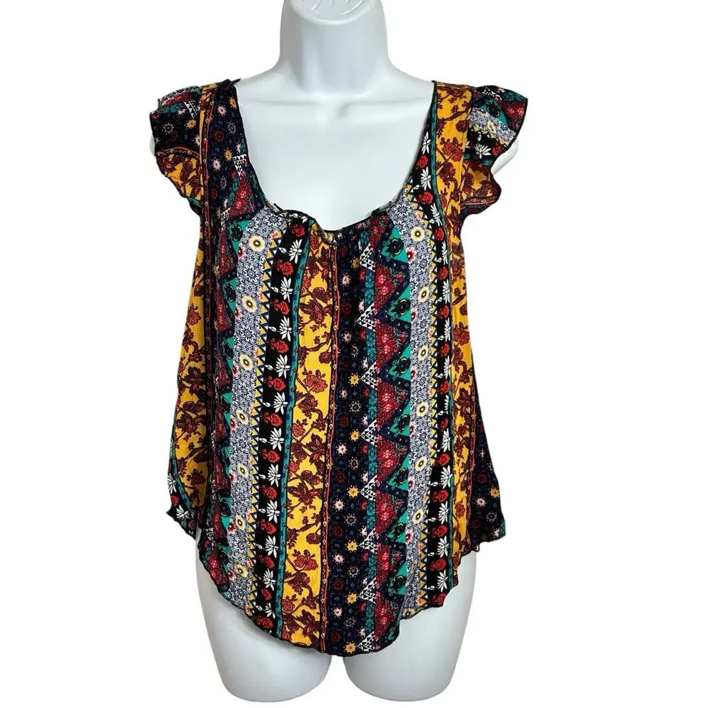 Belle Du Jour Boho Blouse Sz Small Scoop Neck Loose Multi Print Artisan Top - Picture 7 of 7